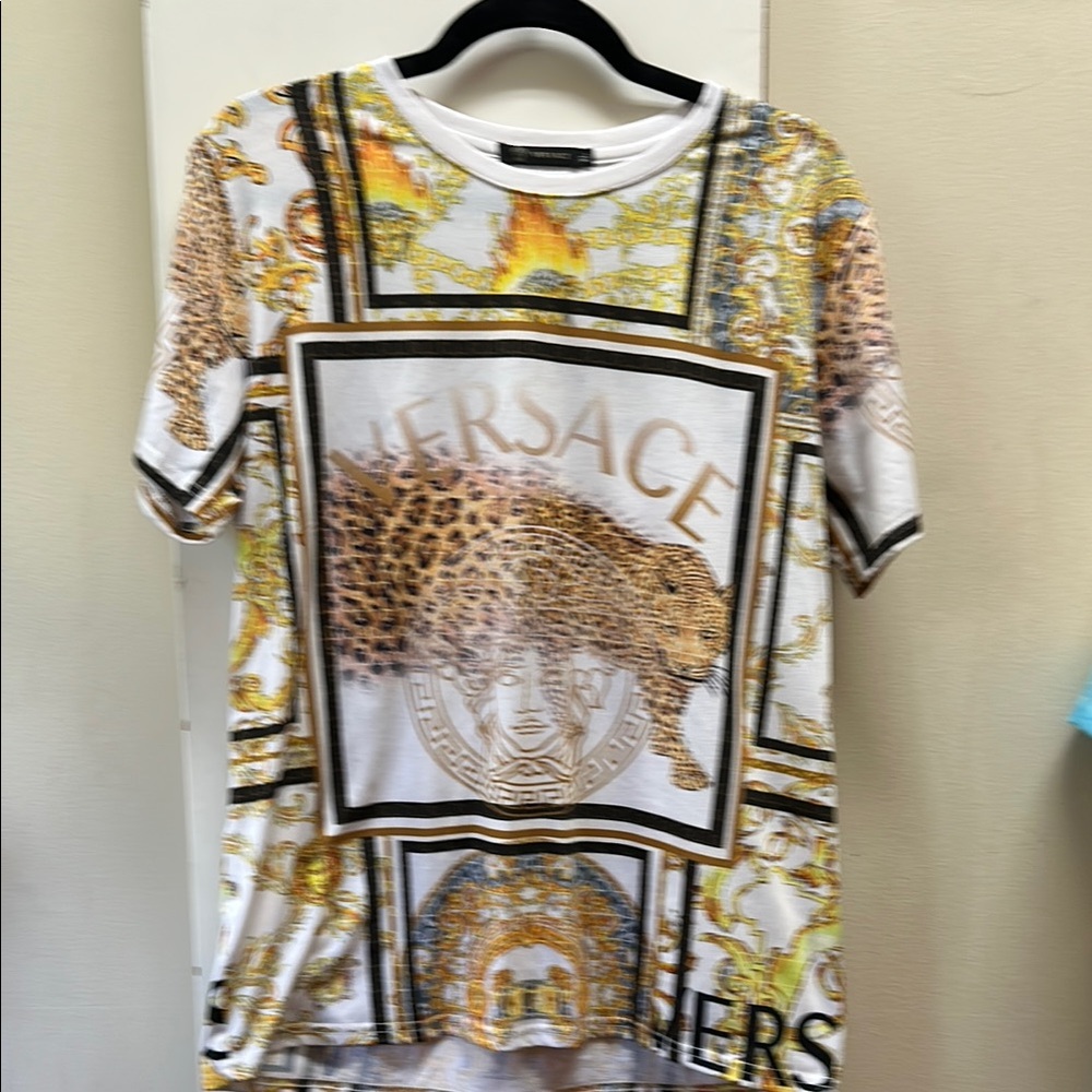 Versace White and Gold Leopard Print T-Shirt medium
